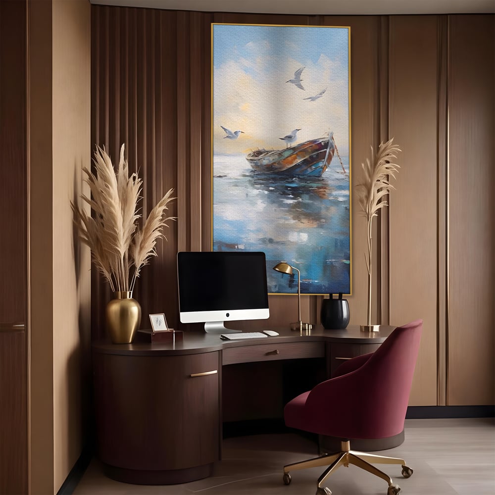 Tablou canvas cu tablou canvas cu barca si pescarusi, in rama de aluminiu auriu, pe perete intr-un birou
